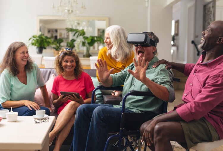 People together having fun playing virtual reality